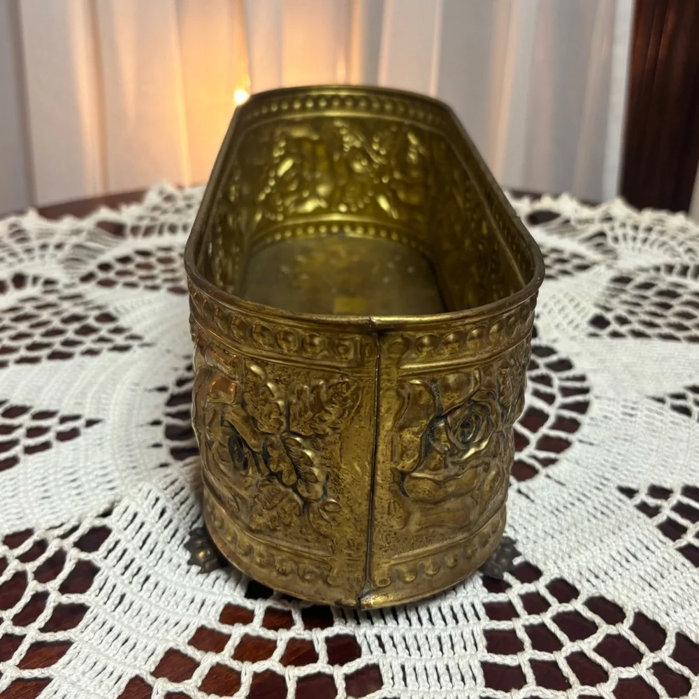 Vintage Brass Footed Planter Ornate Oval Embossed Floral Rose Victorian Luxury